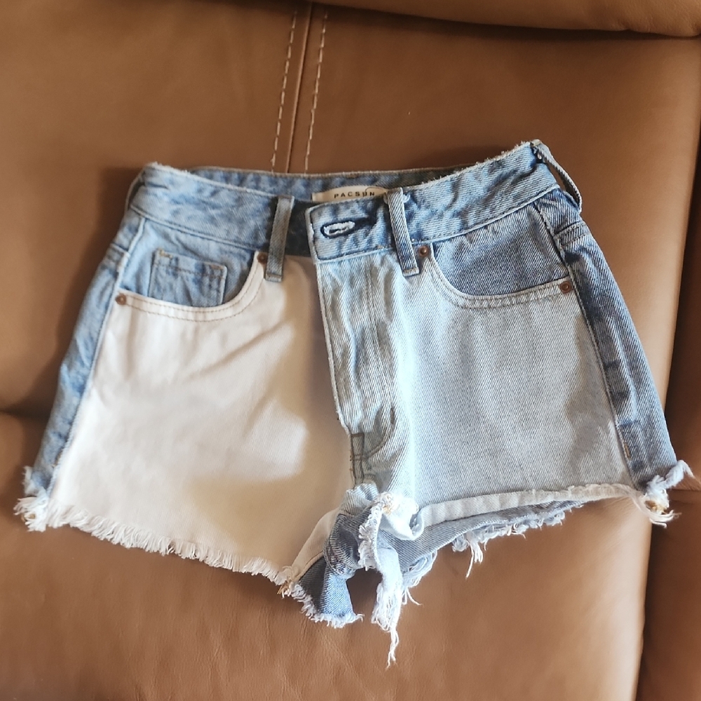 PacSun Blue and White Jean Shorts with Distressed Look